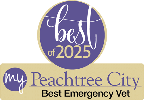 A circular badge reads "best of 2025" above a rectangular banner that says "my Peachtree City Best Emergency Vet" in purple and gold colors.