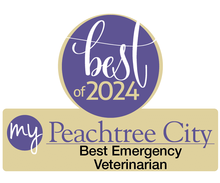 Logo reading "Best of 2024" with "my Peachtree City Best Emergency Veterinarian" on a beige and purple background.