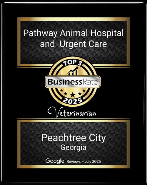 A black and gold plaque reads: "Top 3 Business Rate 2025, Veterinarian, Pathway Animal Hospital and Urgent Care, Peachtree City, Georgia, Google Reviews - July 2025.
